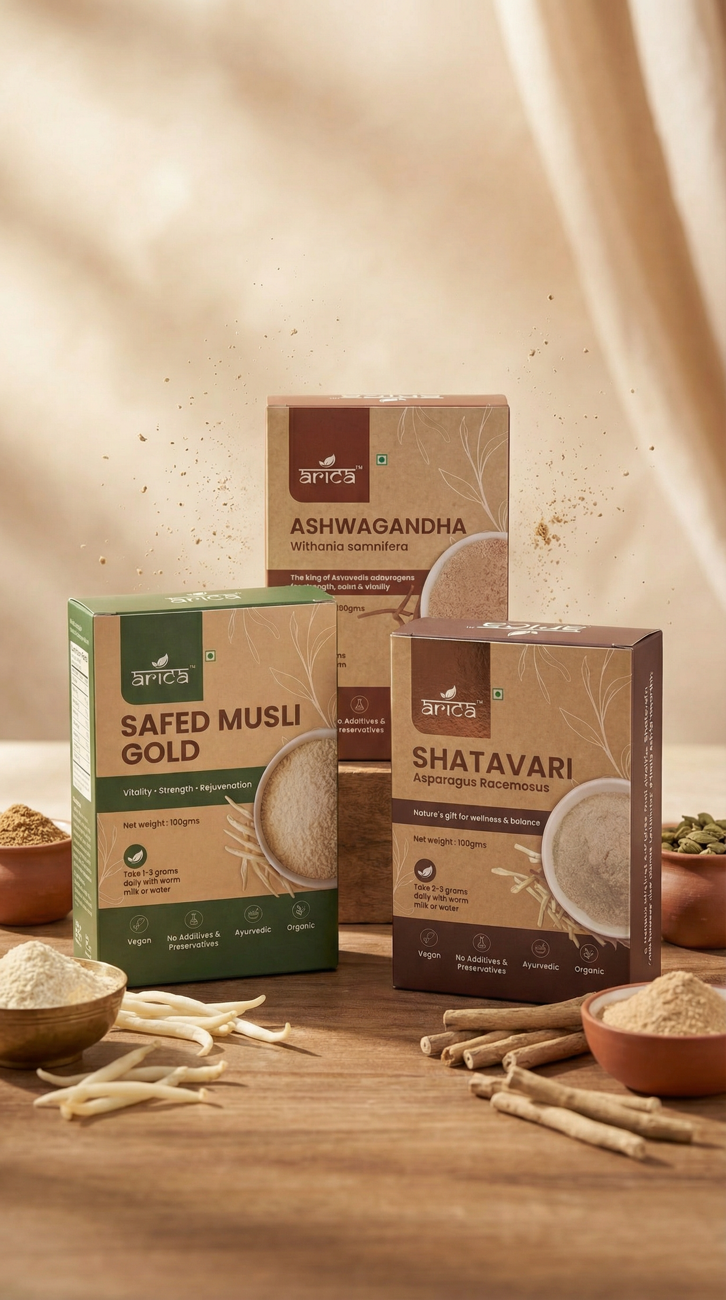 ARICA™ Vital Trinity Gold Combo | Satavari, Ashwagandha & Safed Musli Powder Combo | Natural Strength, Hormonal Balance & Daily Vitality | Pure Herbal Blend