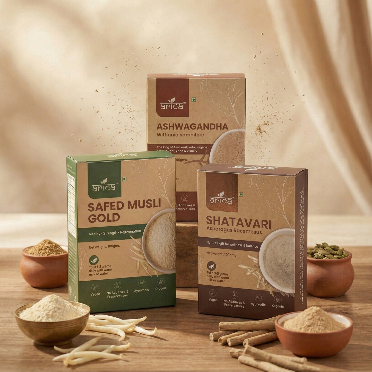 ARICA™ Vital Trinity Gold Combo | Satavari, Ashwagandha & Safed Musli Powder Combo | Natural Strength, Hormonal Balance & Daily Vitality | Pure Herbal Blend